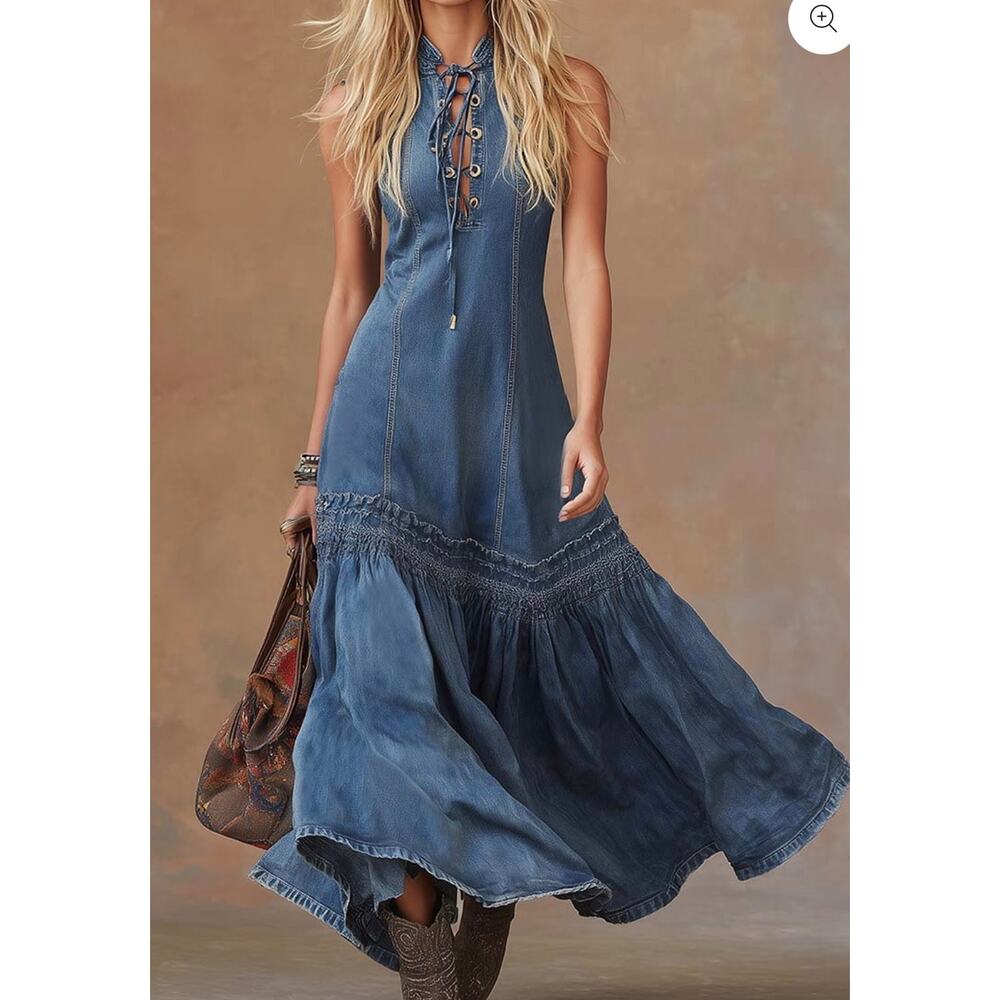 Oyrosy Western Denim Maxi Dress NWT Lace Up Bubble Hem Smocked Blue Large Festiv